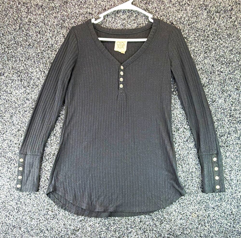 Chaser Women's Black Waffle Knit V-Neck Henley Top Long Sleeve Stretch S